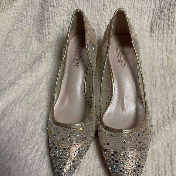 De Blossom Collection Beige net Rhinestone synthetic gold trim &kitten heel SZ10 - Picture 4 of 9